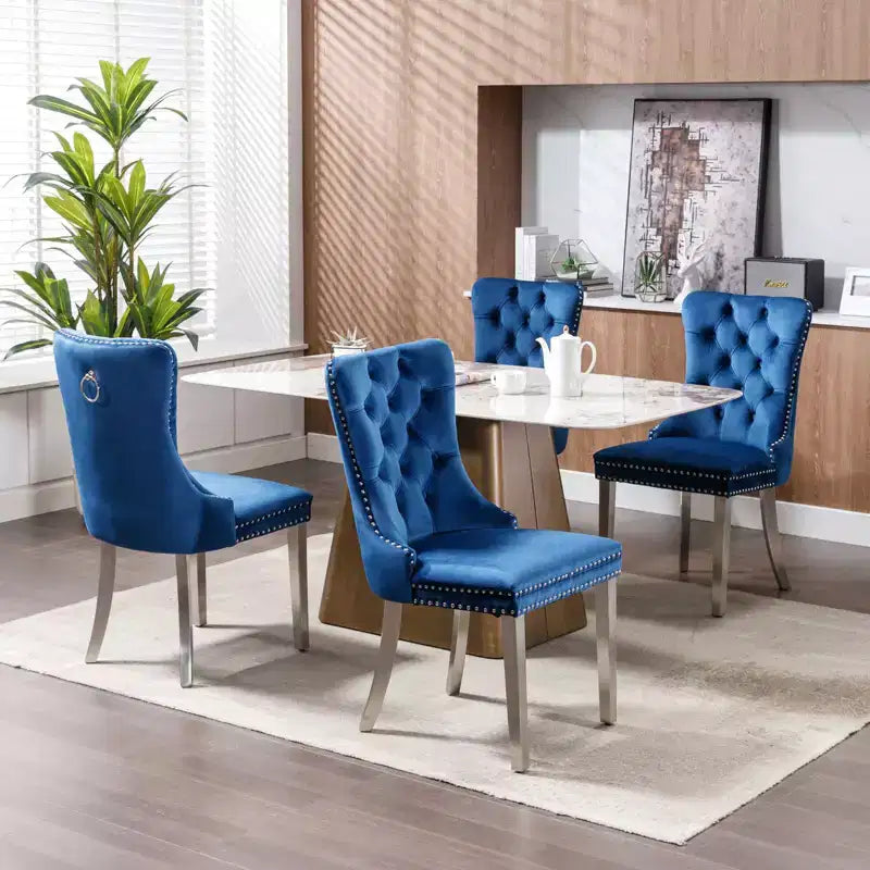 Okak Modern Comfy Dining Chairs Set of 2, Tufted Velvet Upholstery Kitchen Chairs with Chrome Stainless Metal Legs & Nailhead Trim