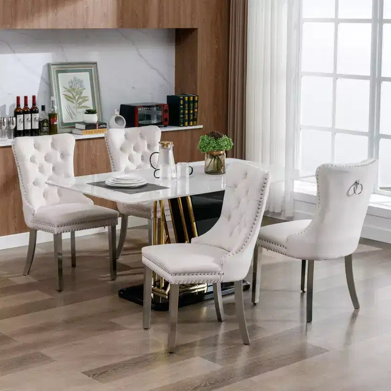 Okak Modern Comfy Dining Chairs Set of 2, Tufted Velvet Upholstery Kitchen Chairs with Chrome Stainless Metal Legs & Nailhead Trim