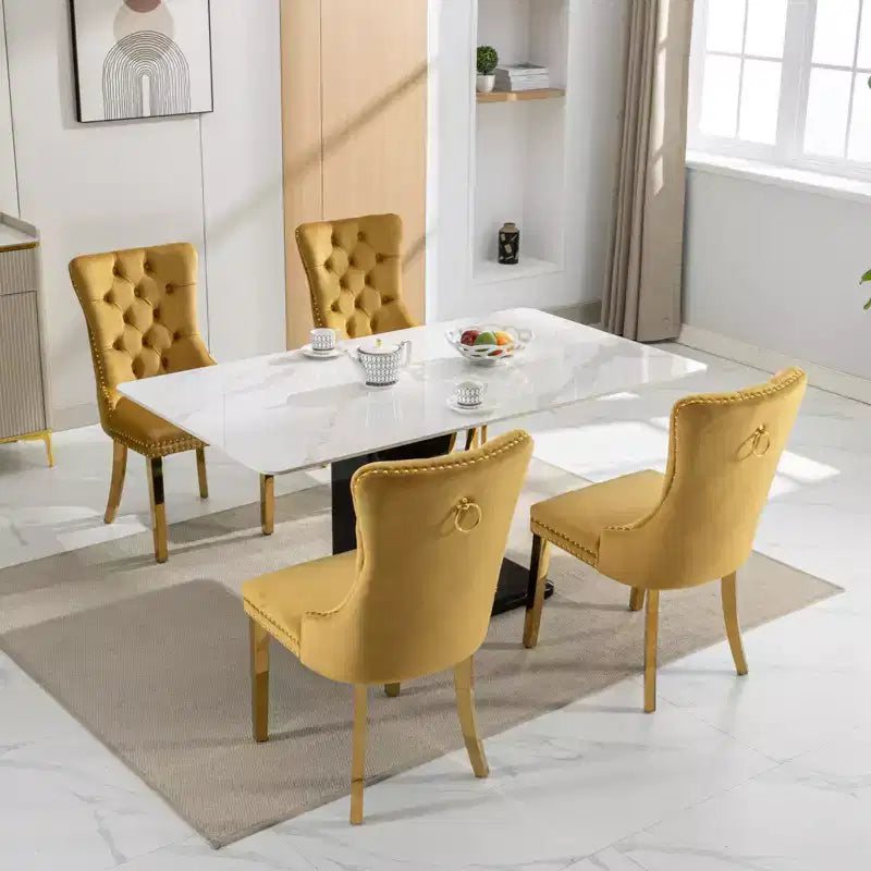 Okak Modern Comfy Dining Chairs Set of 2, Tufted Velvet Upholstery Kitchen Chairs with Chrome Stainless Metal Legs & Nailhead Trim