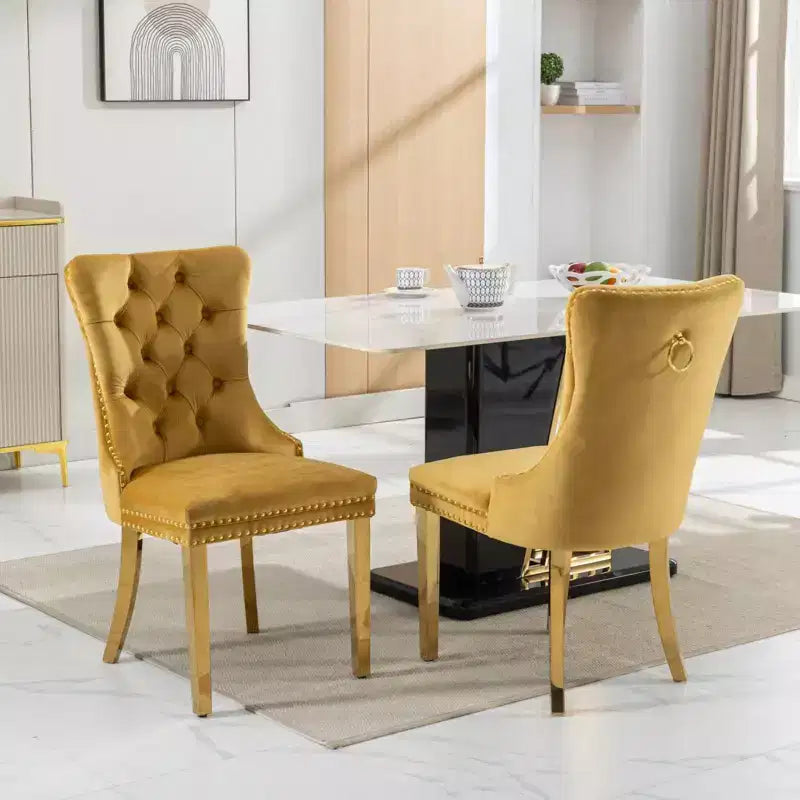 Okak Modern Comfy Dining Chairs Set of 2, Tufted Velvet Upholstery Kitchen Chairs with Chrome Stainless Metal Legs & Nailhead Trim