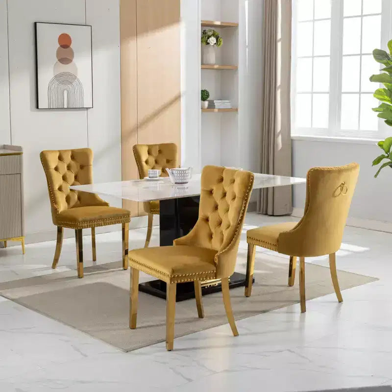 Okak Modern Comfy Dining Chairs Set of 2, Tufted Velvet Upholstery Kitchen Chairs with Chrome Stainless Metal Legs & Nailhead Trim