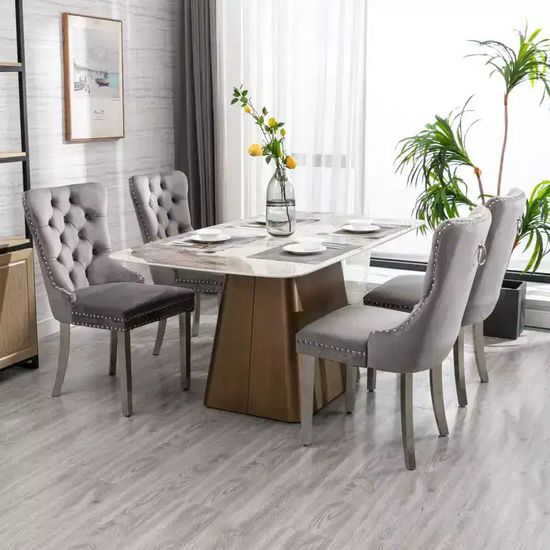 Okak Modern Comfy Dining Chairs Set of 2, Tufted Velvet Upholstery Kitchen Chairs with Chrome Stainless Metal Legs & Nailhead Trim