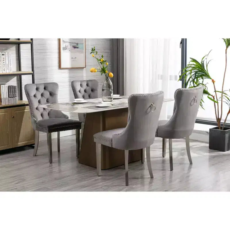 Okak Modern Comfy Dining Chairs Set of 2, Tufted Velvet Upholstery Kitchen Chairs with Chrome Stainless Metal Legs & Nailhead Trim