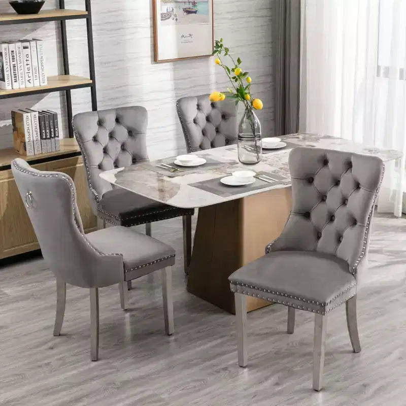 Okak Modern Comfy Dining Chairs Set of 2, Tufted Velvet Upholstery Kitchen Chairs with Chrome Stainless Metal Legs & Nailhead Trim