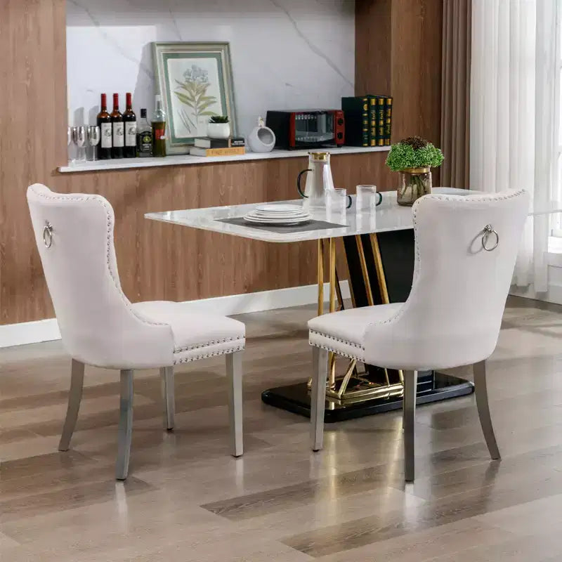 Okak Modern Comfy Dining Chairs Set of 2, Tufted Velvet Upholstery Kitchen Chairs with Chrome Stainless Metal Legs & Nailhead Trim
