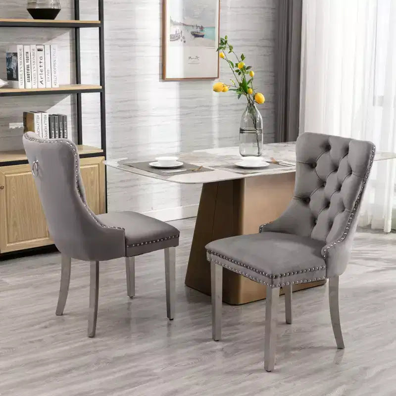Okak Modern Comfy Dining Chairs Set of 2, Tufted Velvet Upholstery Kitchen Chairs with Chrome Stainless Metal Legs & Nailhead Trim