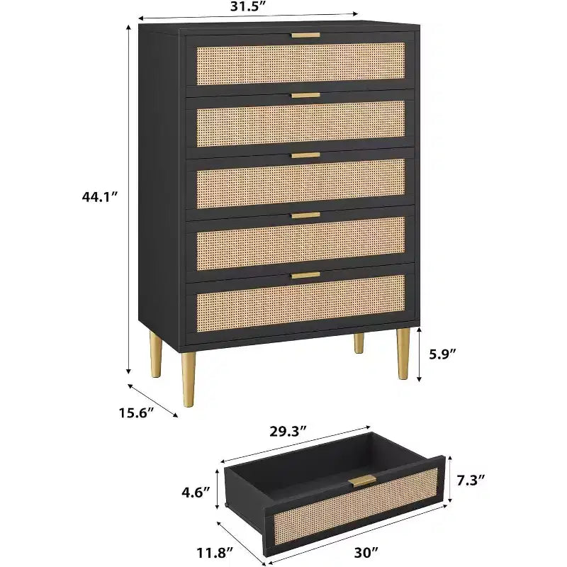 Acekool Tall Rattan 5-Drawer Dresser  Space-Saving Vertical Storage with Metal Accents