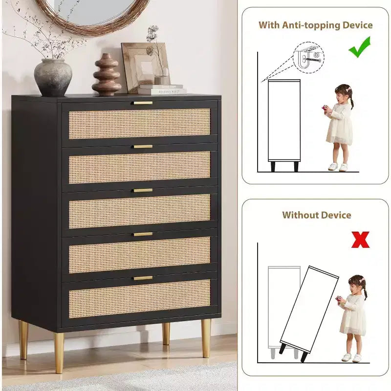 Acekool Tall Rattan 5-Drawer Dresser  Space-Saving Vertical Storage with Metal Accents