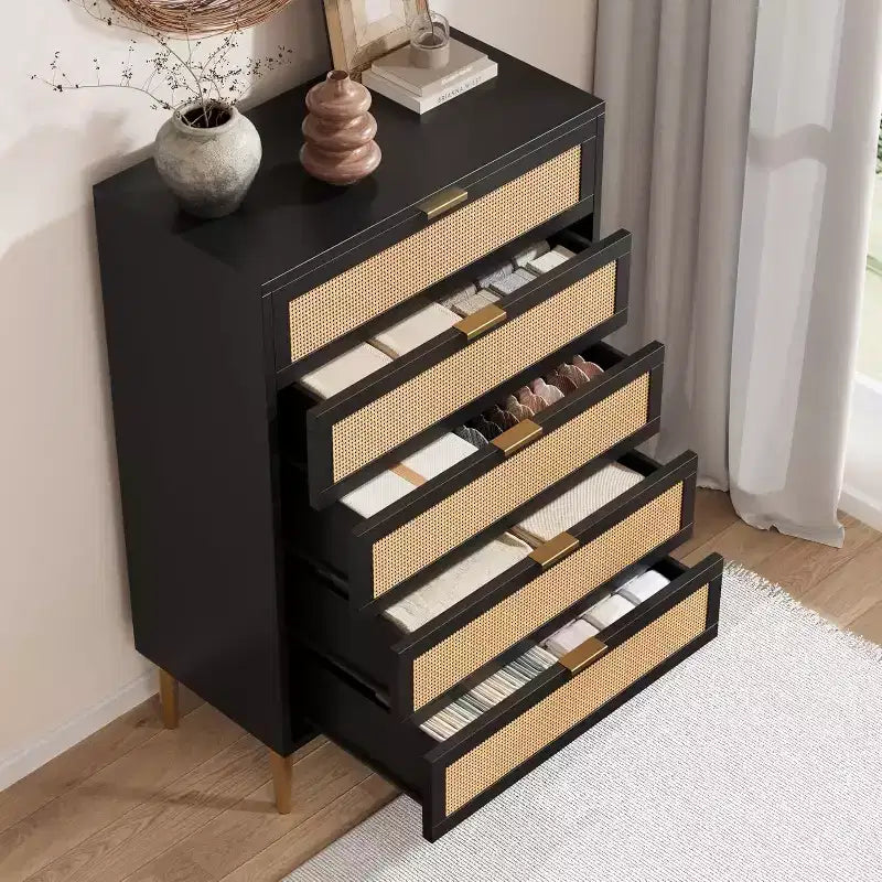 Acekool Tall Rattan 5-Drawer Dresser  Space-Saving Vertical Storage with Metal Accents