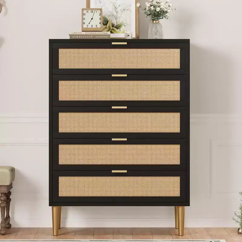 Acekool Tall Rattan 5-Drawer Dresser  Space-Saving Vertical Storage with Metal Accents