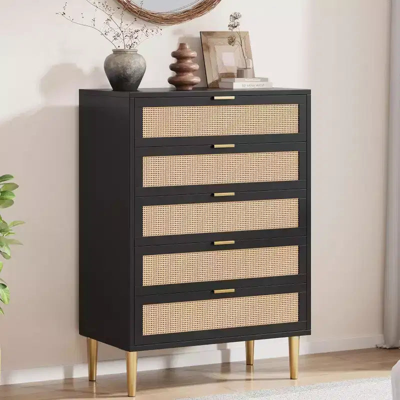 Acekool Tall Rattan 5-Drawer Dresser  Space-Saving Vertical Storage with Metal Accents