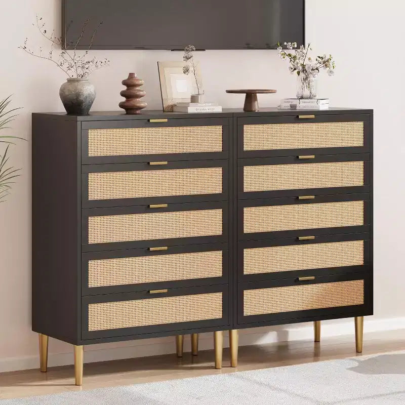 Acekool Tall Rattan 5-Drawer Dresser  Space-Saving Vertical Storage with Metal Accents