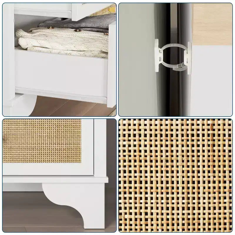 7 Drawers Dresser, Natural Rattan Modern Wood Dressers & Chest of Drawers for Bedroom, Wide Storage Dressers Organizer Deep Drawers