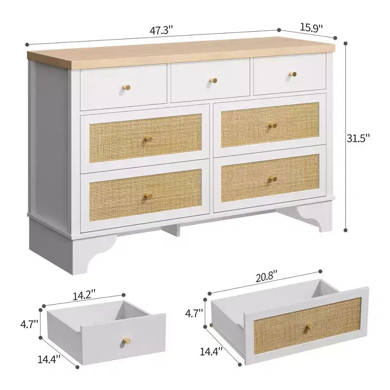 7 Drawers Dresser, Natural Rattan Modern Wood Dressers & Chest of Drawers for Bedroom, Wide Storage Dressers Organizer Deep Drawers