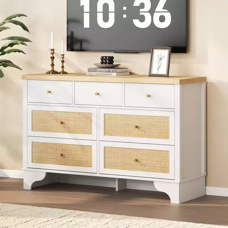 7 Drawers Dresser, Natural Rattan Modern Wood Dressers & Chest of Drawers for Bedroom, Wide Storage Dressers Organizer Deep Drawers