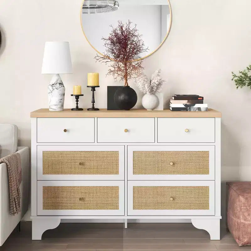 7 Drawers Dresser, Natural Rattan Modern Wood Dressers & Chest of Drawers for Bedroom, Wide Storage Dressers Organizer Deep Drawers