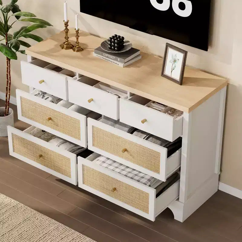 7 Drawers Dresser, Natural Rattan Modern Wood Dressers & Chest of Drawers for Bedroom, Wide Storage Dressers Organizer Deep Drawers