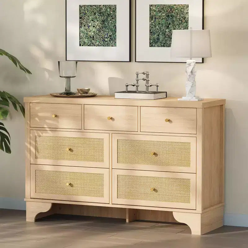 7 Drawers Dresser, Natural Rattan Modern Wood Dressers & Chest of Drawers for Bedroom, Wide Storage Dressers Organizer Deep Drawers