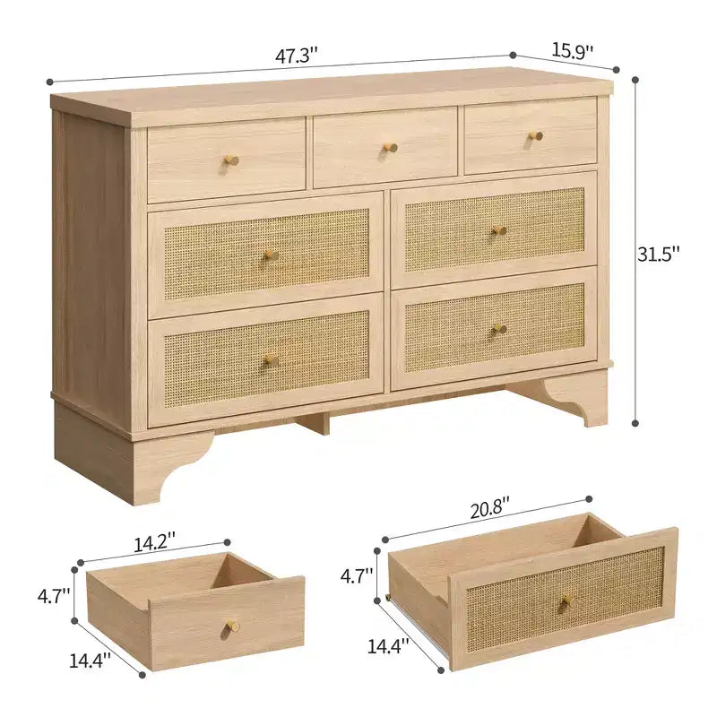 7 Drawers Dresser, Natural Rattan Modern Wood Dressers & Chest of Drawers for Bedroom, Wide Storage Dressers Organizer Deep Drawers
