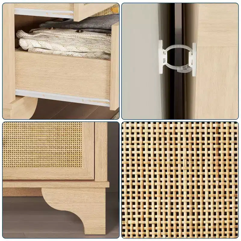 7 Drawers Dresser, Natural Rattan Modern Wood Dressers & Chest of Drawers for Bedroom, Wide Storage Dressers Organizer Deep Drawers