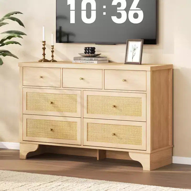 7 Drawers Dresser, Natural Rattan Modern Wood Dressers & Chest of Drawers for Bedroom, Wide Storage Dressers Organizer Deep Drawers