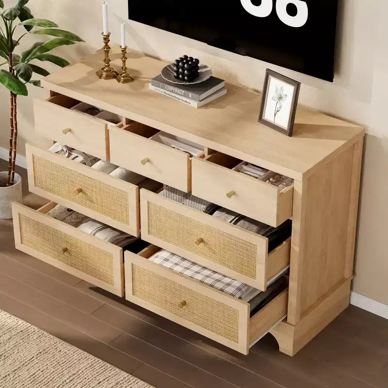 7 Drawers Dresser, Natural Rattan Modern Wood Dressers & Chest of Drawers for Bedroom, Wide Storage Dressers Organizer Deep Drawers