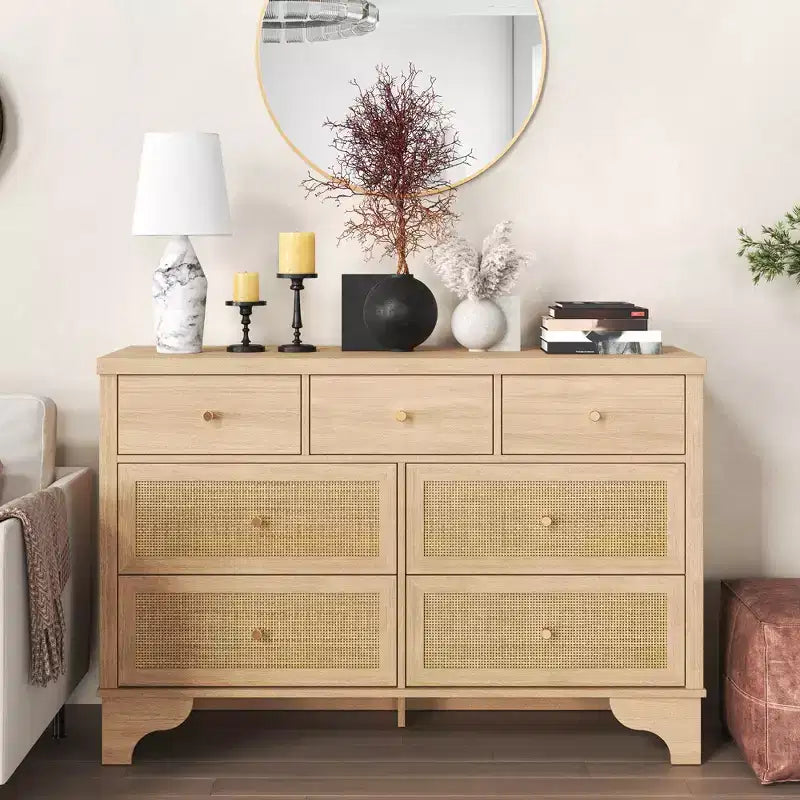 7 Drawers Dresser, Natural Rattan Modern Wood Dressers & Chest of Drawers for Bedroom, Wide Storage Dressers Organizer Deep Drawers