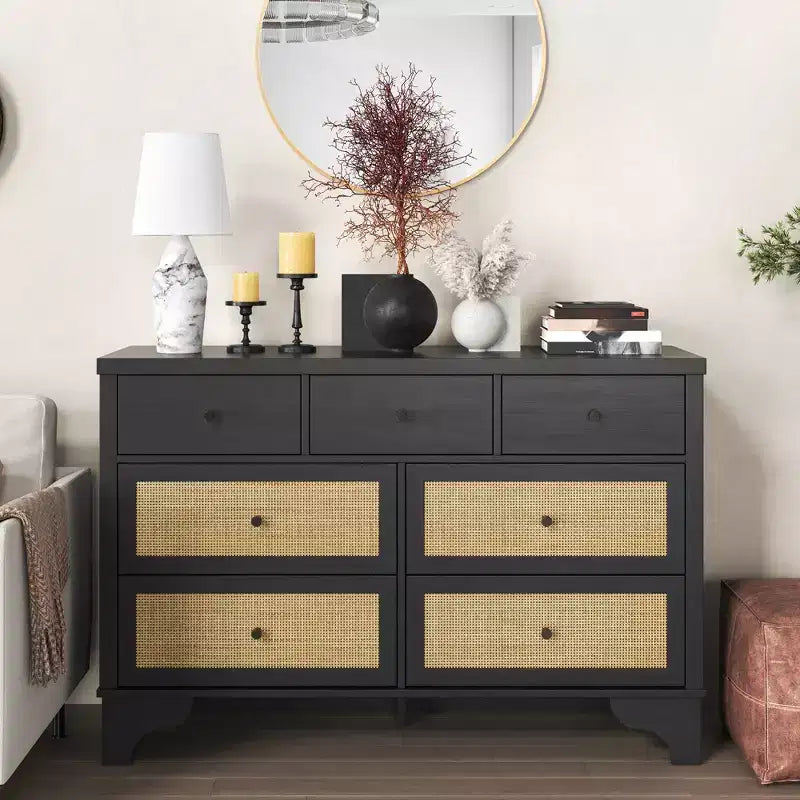7 Drawers Dresser, Natural Rattan Modern Wood Dressers & Chest of Drawers for Bedroom, Wide Storage Dressers Organizer Deep Drawers