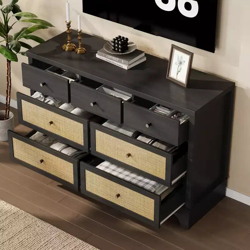 7 Drawers Dresser, Natural Rattan Modern Wood Dressers & Chest of Drawers for Bedroom, Wide Storage Dressers Organizer Deep Drawers