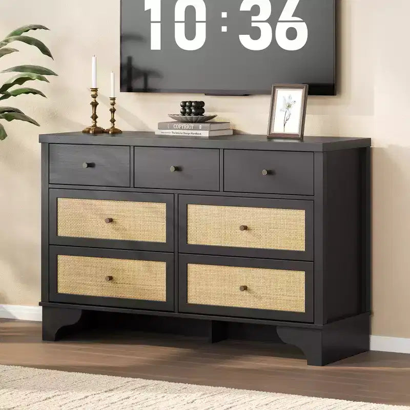 7 Drawers Dresser, Natural Rattan Modern Wood Dressers & Chest of Drawers for Bedroom, Wide Storage Dressers Organizer Deep Drawers