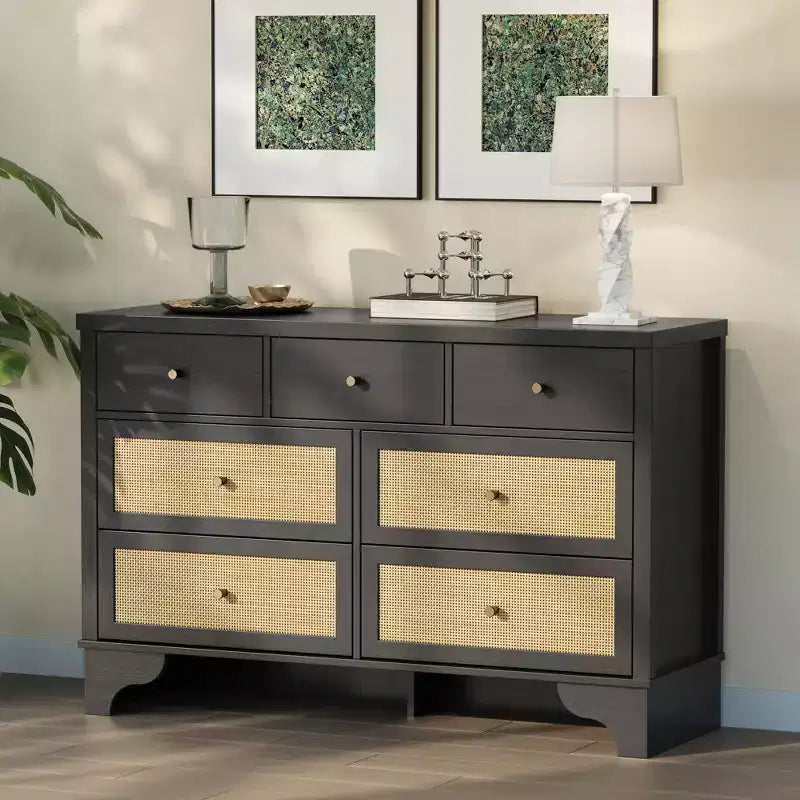 7 Drawers Dresser, Natural Rattan Modern Wood Dressers & Chest of Drawers for Bedroom, Wide Storage Dressers Organizer Deep Drawers