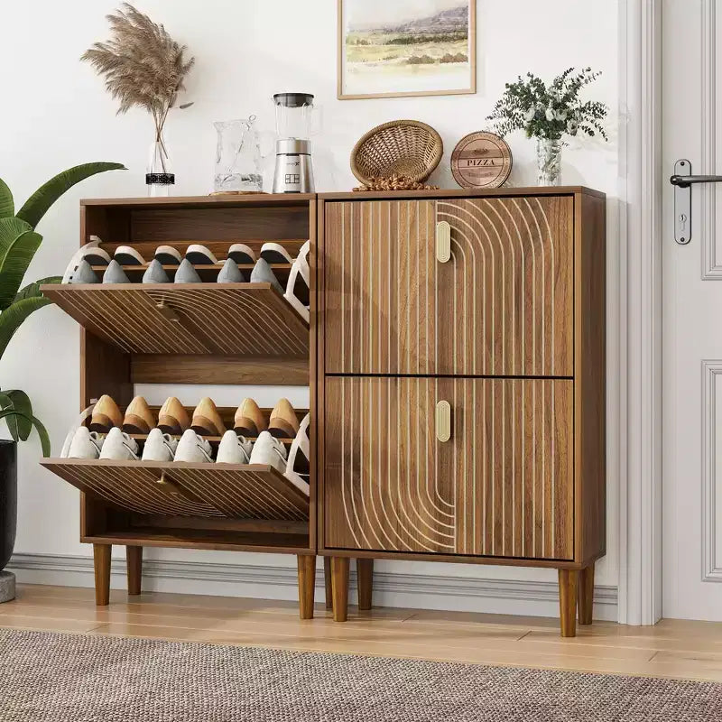 GDFStudio Mid-Century Modern Shoe Storage Cabinet with 2 Flip Doors and Metal Handles