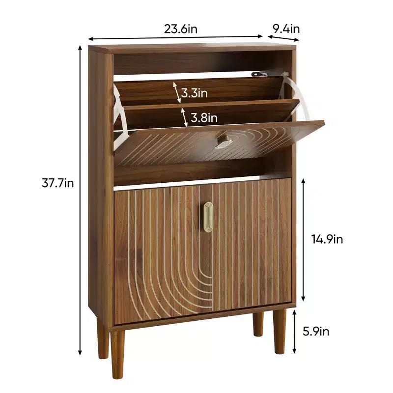 GDFStudio Mid-Century Modern Shoe Storage Cabinet with 2 Flip Doors and Metal Handles