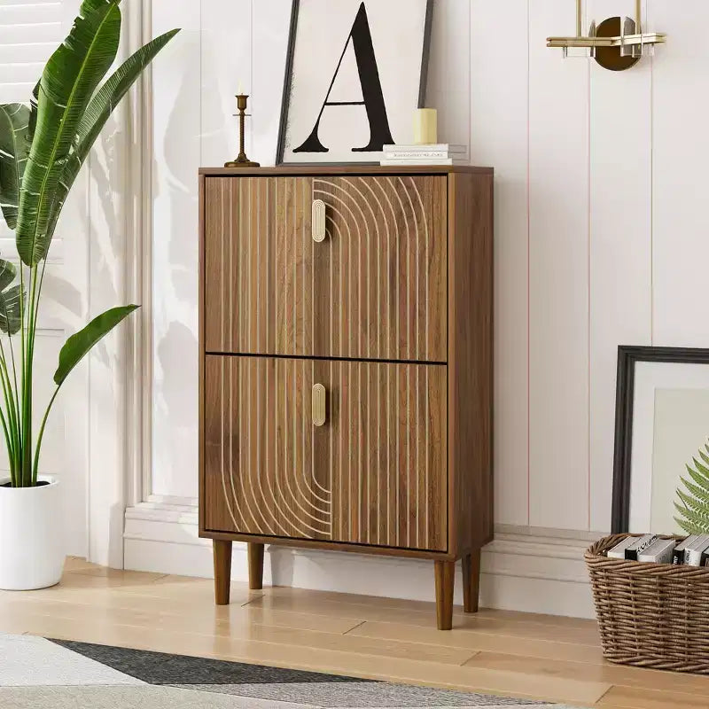GDFStudio Mid-Century Modern Shoe Storage Cabinet with 2 Flip Doors and Metal Handles