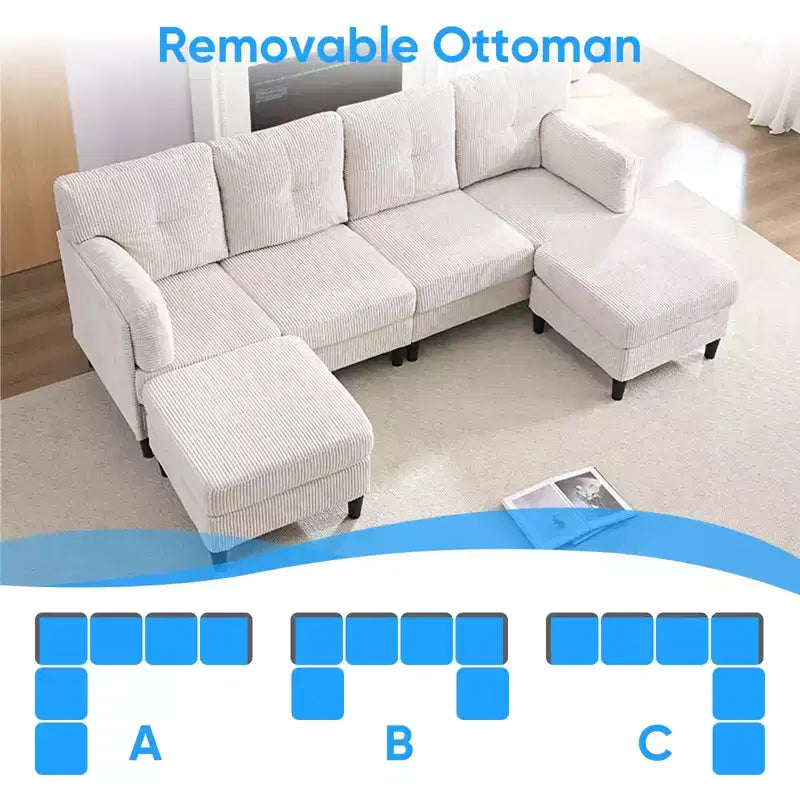 Mjkone Corduroy U-Shape Modular Convertible Sectional Sofa Couch,Upholstered 4-Seater Sofa with Movable Ottoman