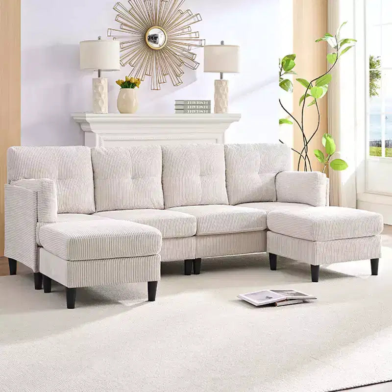 Mjkone Corduroy U-Shape Modular Convertible Sectional Sofa Couch,Upholstered 4-Seater Sofa with Movable Ottoman