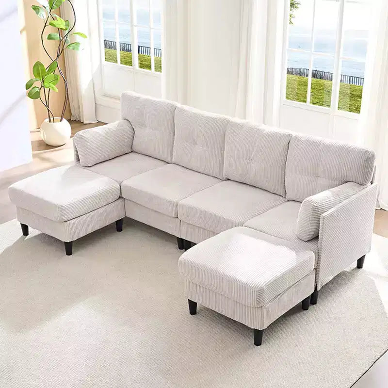 Mjkone Corduroy U-Shape Modular Convertible Sectional Sofa Couch,Upholstered 4-Seater Sofa with Movable Ottoman