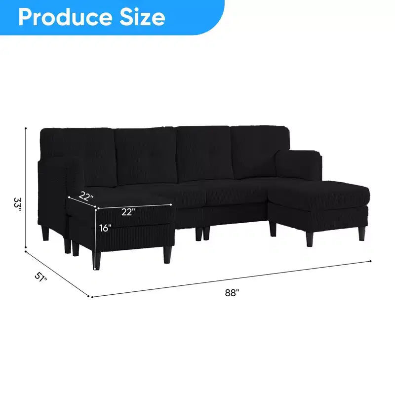 Mjkone Corduroy U-Shape Modular Convertible Sectional Sofa Couch,Upholstered 4-Seater Sofa with Movable Ottoman