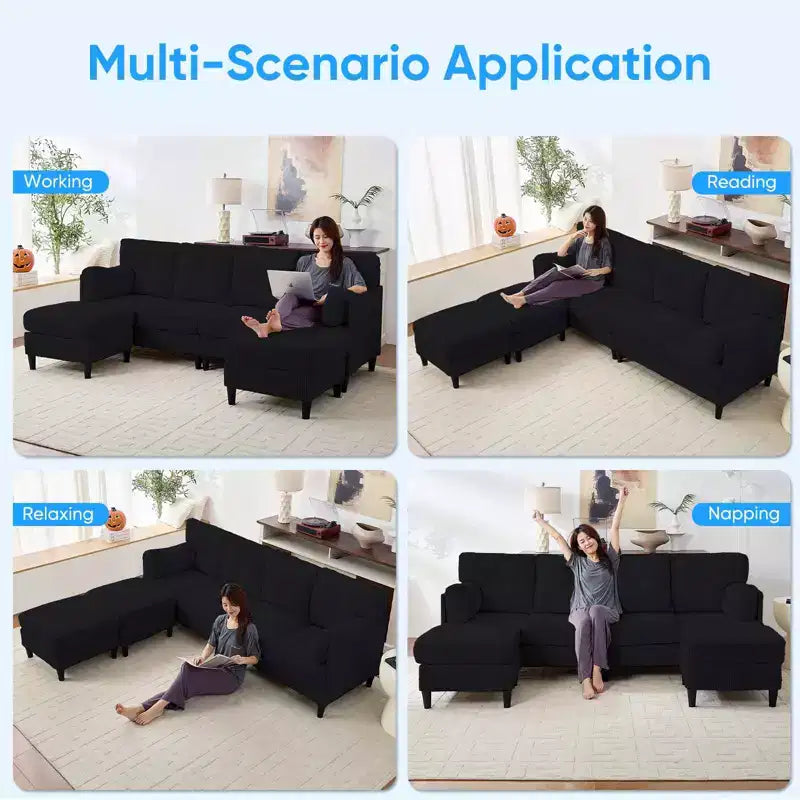 Mjkone Corduroy U-Shape Modular Convertible Sectional Sofa Couch,Upholstered 4-Seater Sofa with Movable Ottoman