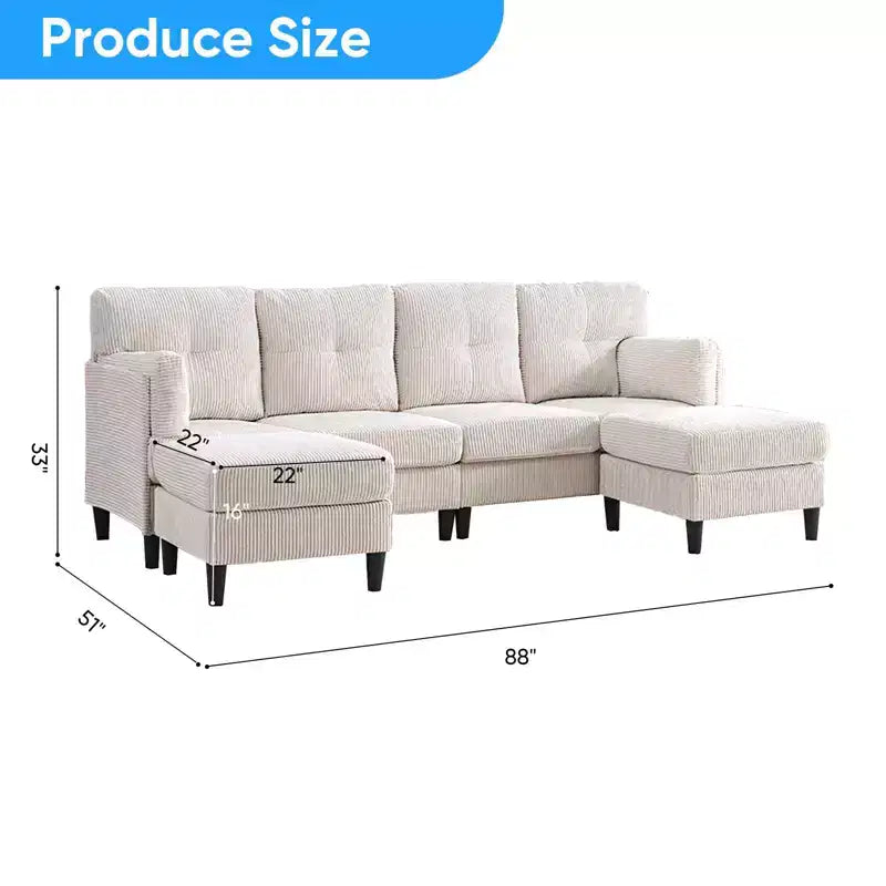 Mjkone Corduroy U-Shape Modular Convertible Sectional Sofa Couch,Upholstered 4-Seater Sofa with Movable Ottoman