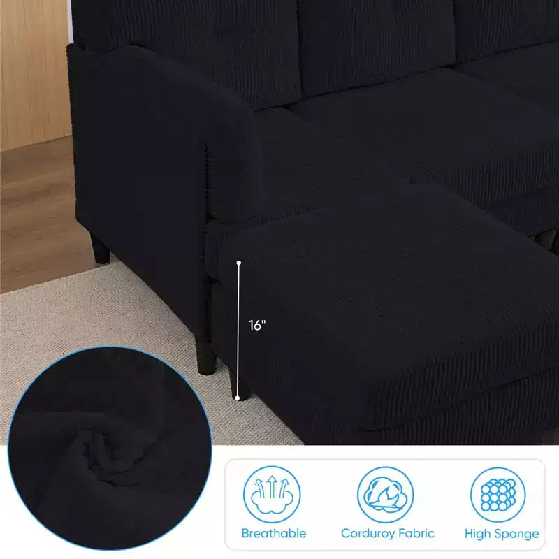 Mjkone Corduroy U-Shape Modular Convertible Sectional Sofa Couch,Upholstered 4-Seater Sofa with Movable Ottoman