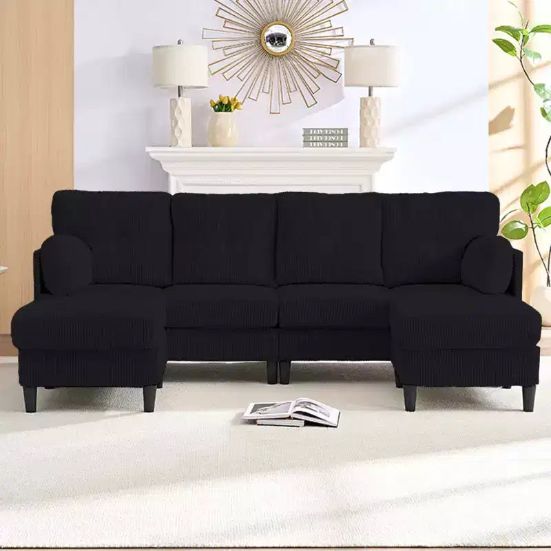 Mjkone Corduroy U-Shape Modular Convertible Sectional Sofa Couch,Upholstered 4-Seater Sofa with Movable Ottoman
