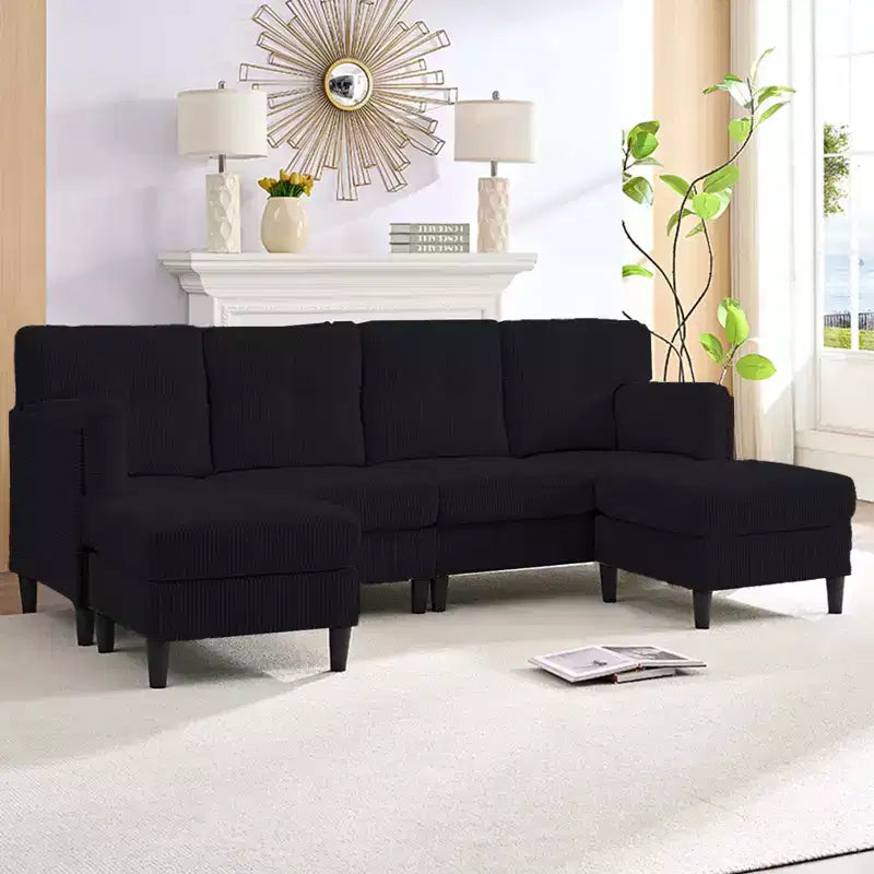 Mjkone Corduroy U-Shape Modular Convertible Sectional Sofa Couch,Upholstered 4-Seater Sofa with Movable Ottoman