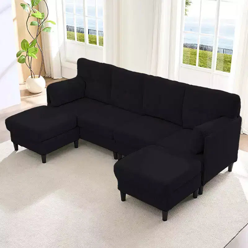 Mjkone Corduroy U-Shape Modular Convertible Sectional Sofa Couch,Upholstered 4-Seater Sofa with Movable Ottoman