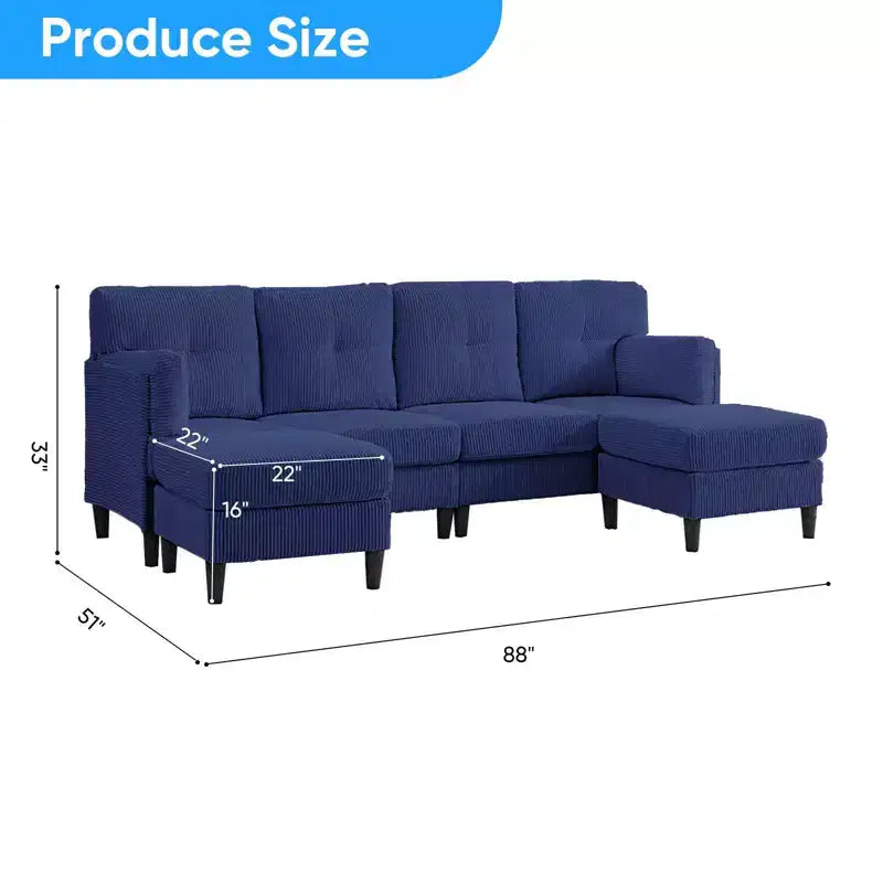 Mjkone Corduroy U-Shape Modular Convertible Sectional Sofa Couch,Upholstered 4-Seater Sofa with Movable Ottoman
