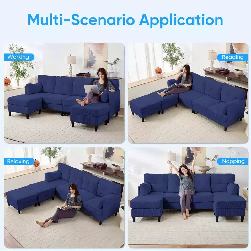 Mjkone Corduroy U-Shape Modular Convertible Sectional Sofa Couch,Upholstered 4-Seater Sofa with Movable Ottoman