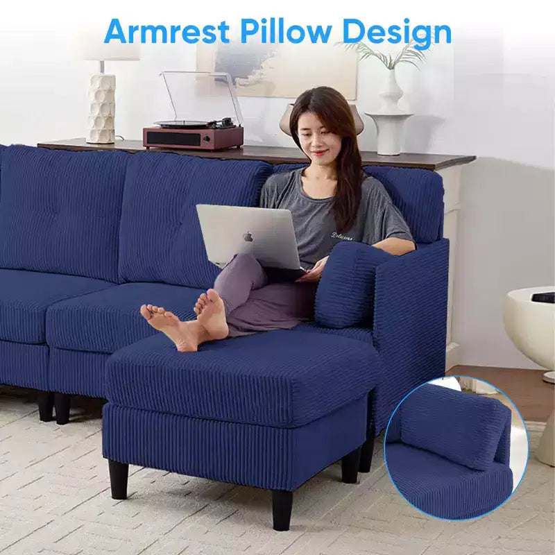 Mjkone Corduroy U-Shape Modular Convertible Sectional Sofa Couch,Upholstered 4-Seater Sofa with Movable Ottoman