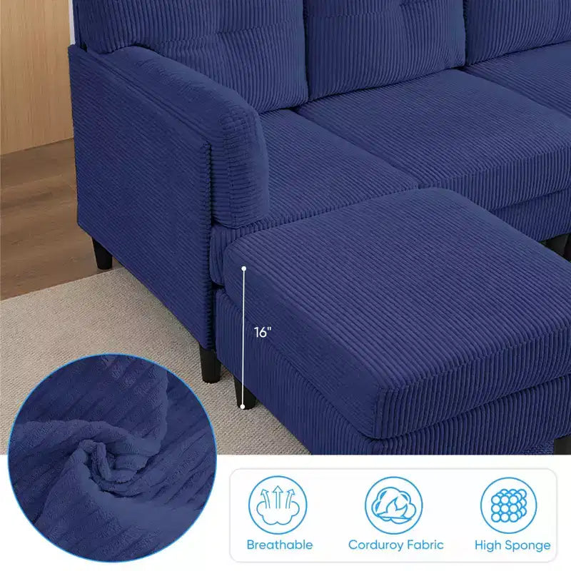 Mjkone Corduroy U-Shape Modular Convertible Sectional Sofa Couch,Upholstered 4-Seater Sofa with Movable Ottoman