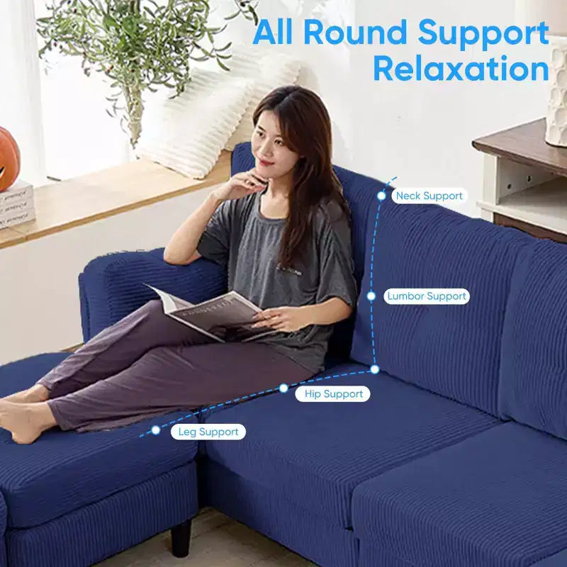 Mjkone Corduroy U-Shape Modular Convertible Sectional Sofa Couch,Upholstered 4-Seater Sofa with Movable Ottoman
