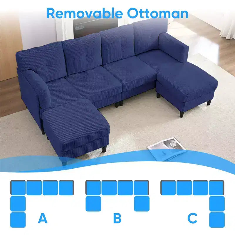 Mjkone Corduroy U-Shape Modular Convertible Sectional Sofa Couch,Upholstered 4-Seater Sofa with Movable Ottoman